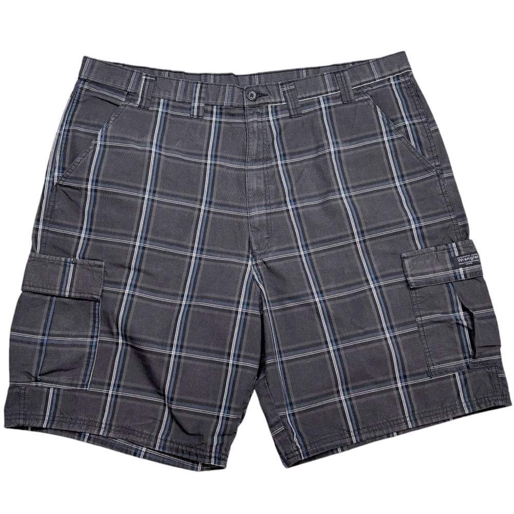 Wrangler Grey With Blue White & Black Check Plaid 6 Pocket Cargo Shorts 44
